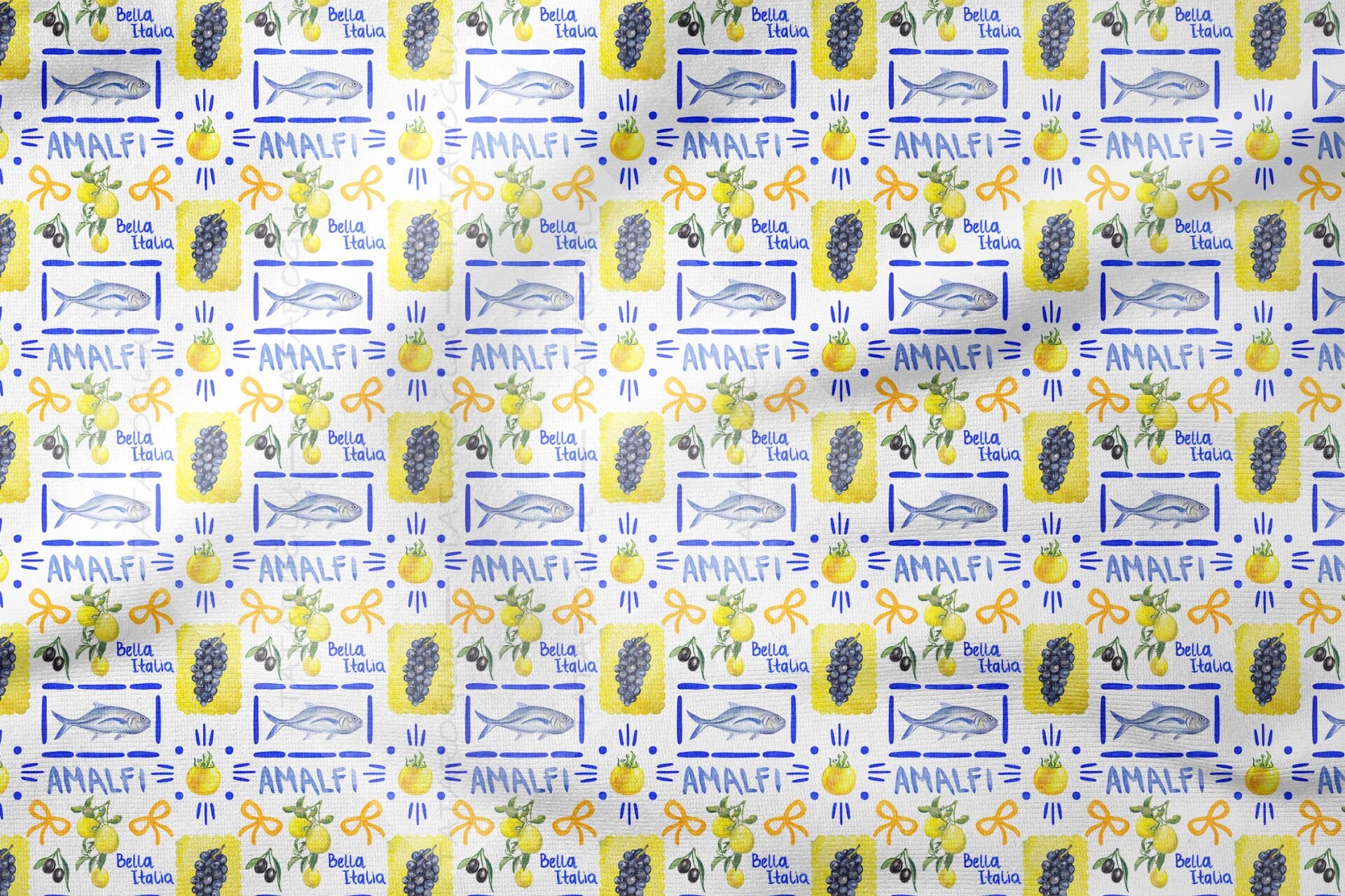 Amalfi Mutfak Kumaş Balık Limon Üzüm Desenli Kumaş
