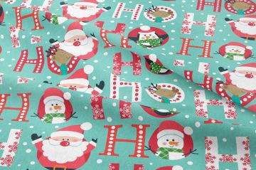 Yılbaşı Koleksiyonu- Turkuaz Zeminli Kardan Adamlı,Penguenli, Noel Babalı Yazılı Kumaş