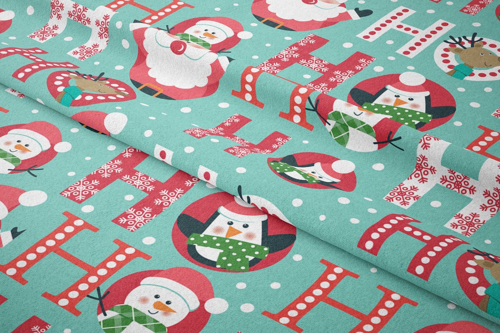 Yılbaşı Koleksiyonu- Turkuaz Zeminli Kardan Adamlı,Penguenli, Noel Babalı Yazılı Kumaş