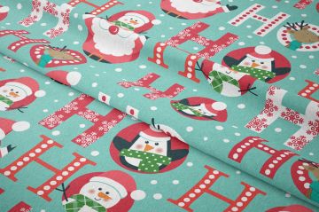 Yılbaşı Koleksiyonu- Turkuaz Zeminli Kardan Adamlı,Penguenli, Noel Babalı Yazılı Kumaş