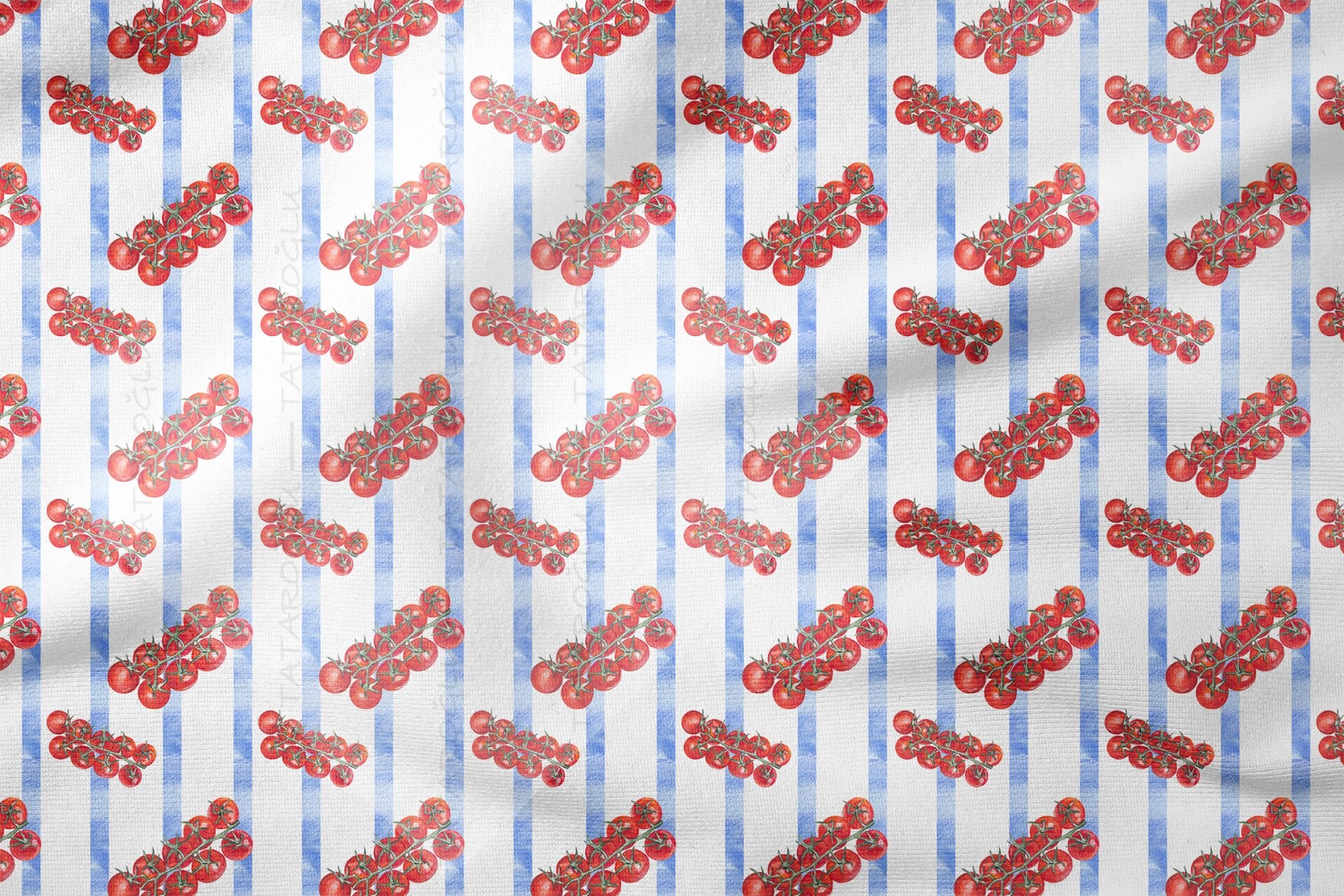 Domates Desenli Kumaş Mavi Çizgili Yazlık Kumaş