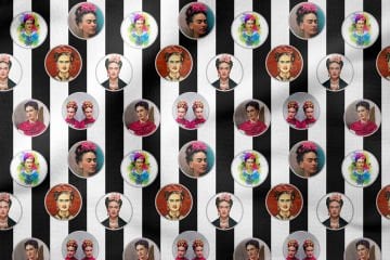 Frida Kahlo Patterned Fabric on Black and White Striped Background