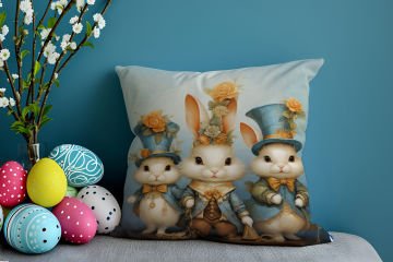Happy Easter / Paskalya Koleksiyonu - Paskalya Tavşanları 2'li Kırlent Paneli Dikilmemiş Kumaş