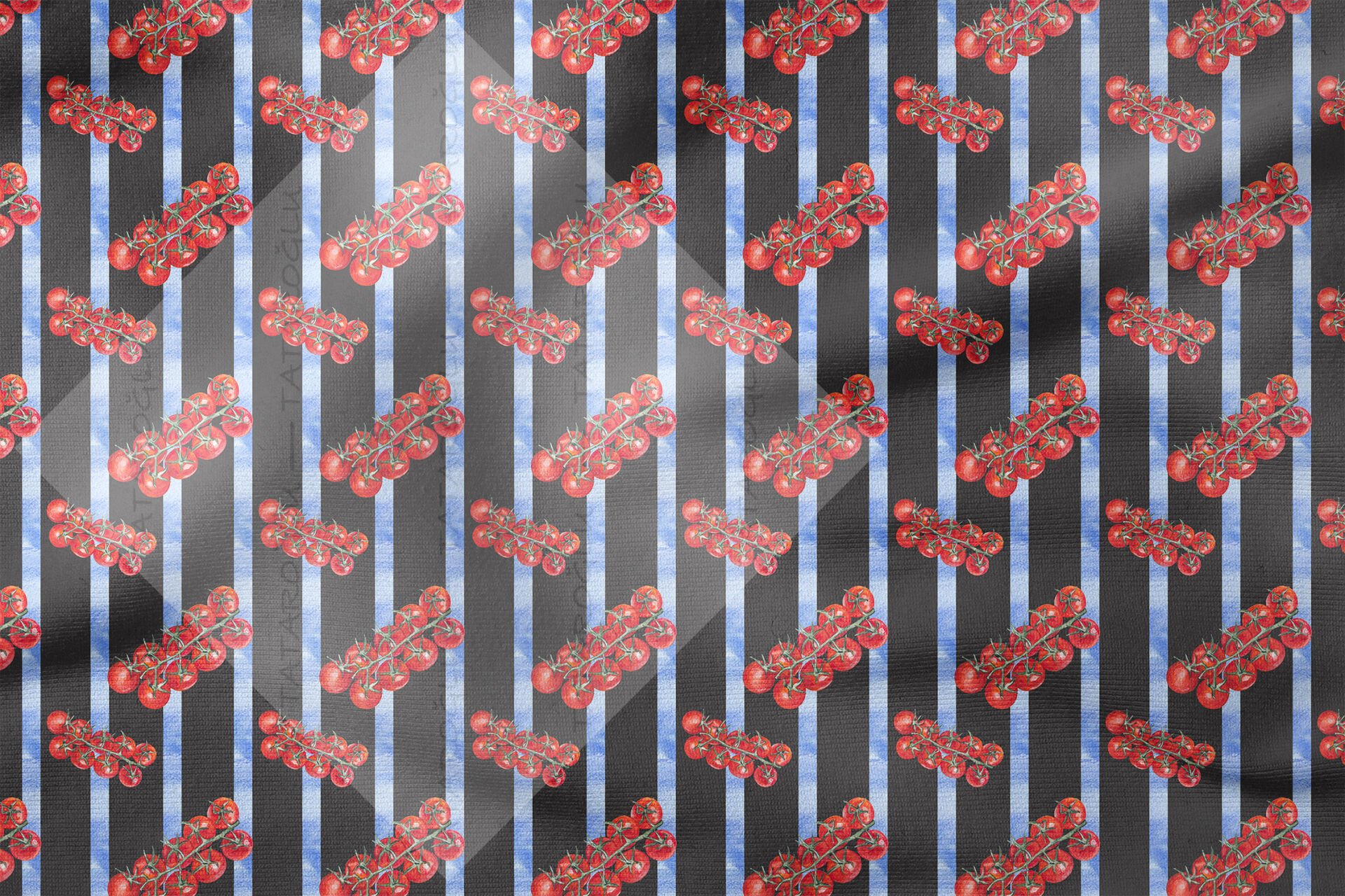 Domates Desenli Siyah Çizgili Mutfak Kumaşı