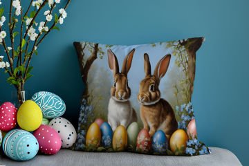 Happy Easter / Paskalya Koleksiyonu - Paskalya Tavşanları 2'li Kırlent Paneli Dikilmemiş Kumaş