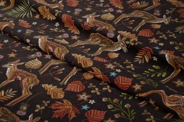 Yılbaşı Koleksiyonu- Winter Wonder Collection,Kahverengi Zeminli Nakış İşlemeli Geyikli, Çiçekli,Yaprak Desenli Kumaş