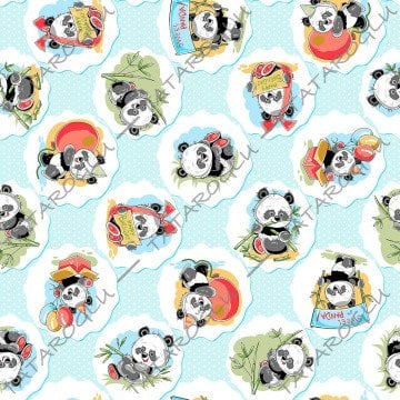 Mavi Puantiyeli Zemin Üzerine Sevimli Panda Desenli Kumaş