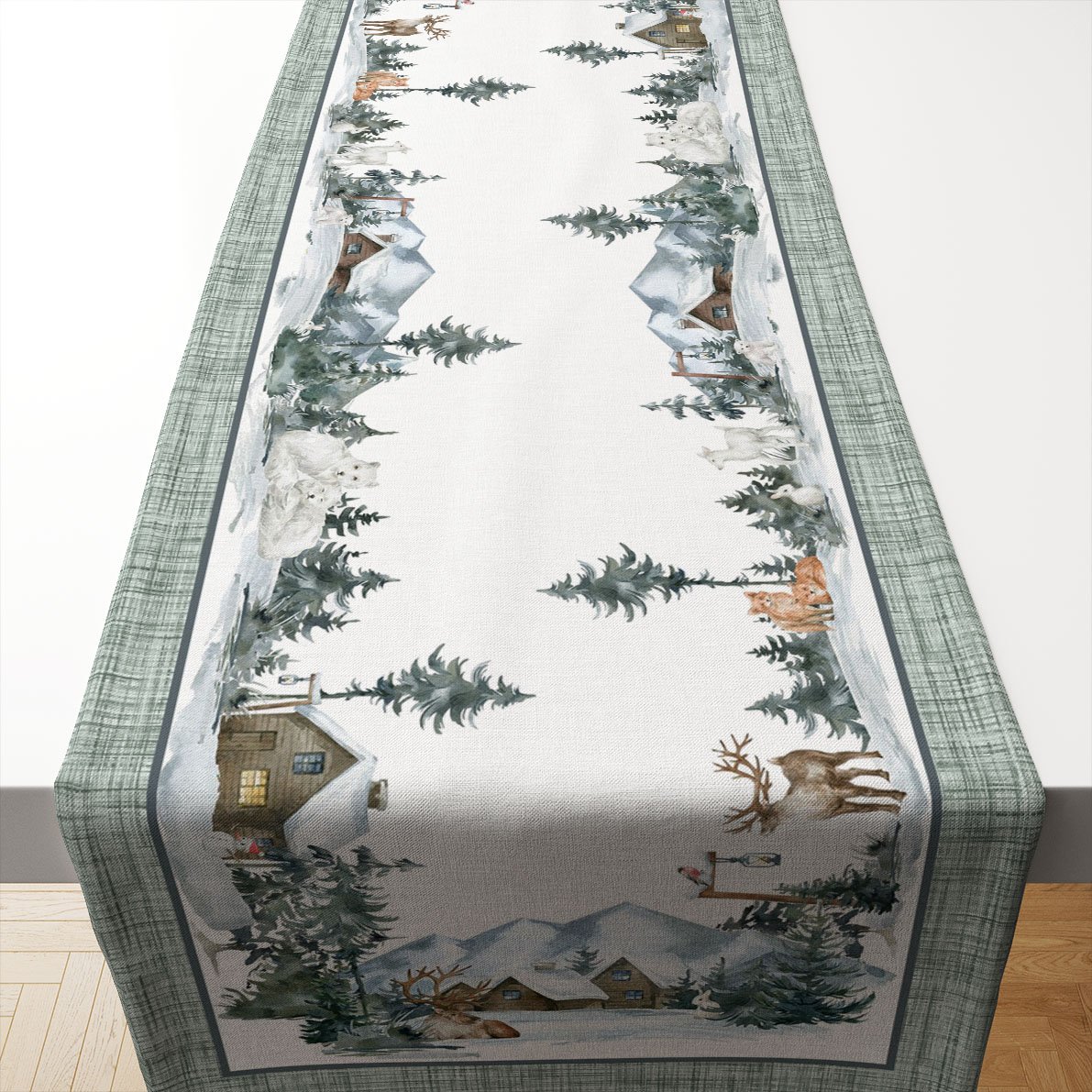 Yılbaşı Koleksiyonu- 50x140 cm'lik Keten Efektli Hayvanlı Orman Evli Runner Dikilmemiş Kumaş