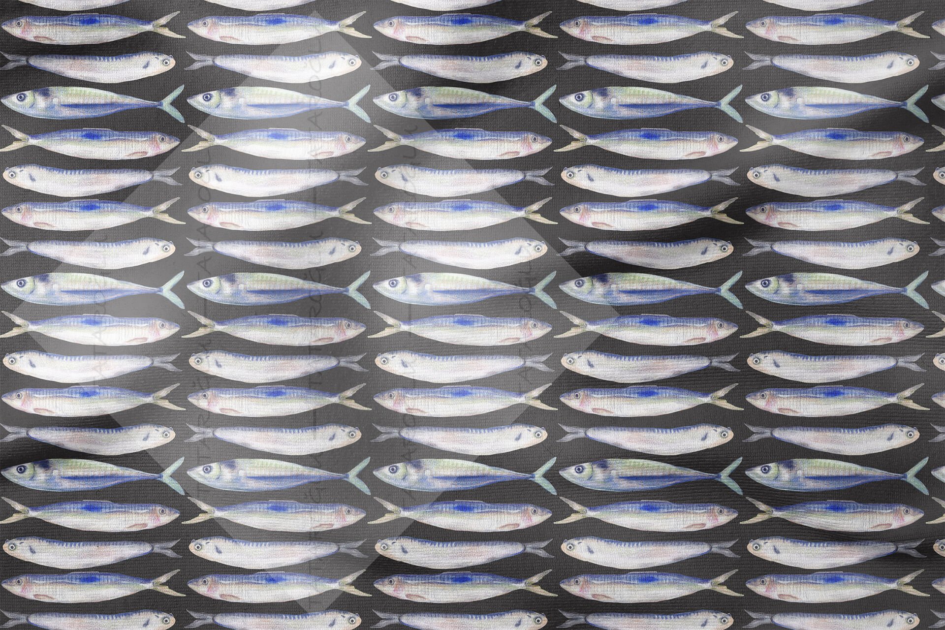 Siyah Zemin Mavi Balık Desenli Dekoratif Kumaş