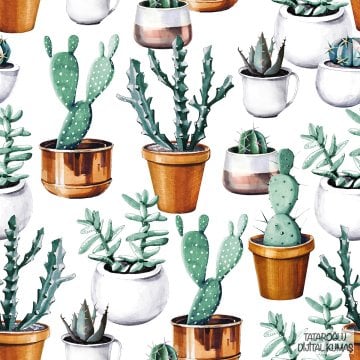 Cactus Series-Yellow Potted Cactus Patterned Fabric on White Background