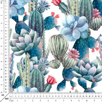 Kaktüs Serisi-Beyaz Zemin Üzerine Mavi Yeşil Kaktüs Desenli Kumaş