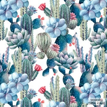 Cactus Series-Blue Green Cactus Patterned Fabric on White Background