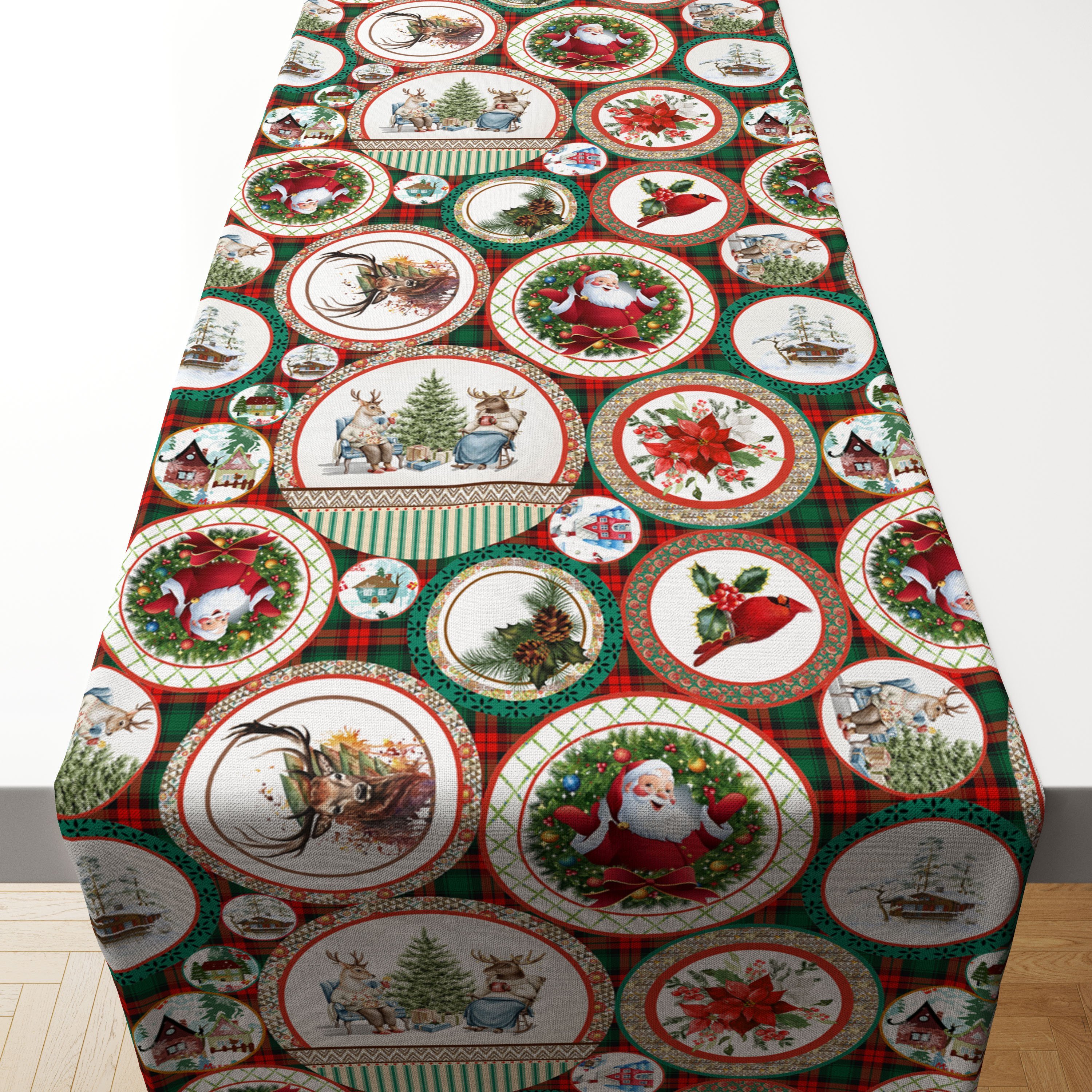 Yılbaşı Koleksiyonu- 50*140cm Ekose Zemin Porselen Tabak Desenli Yılbaşı Runner Kumaşı