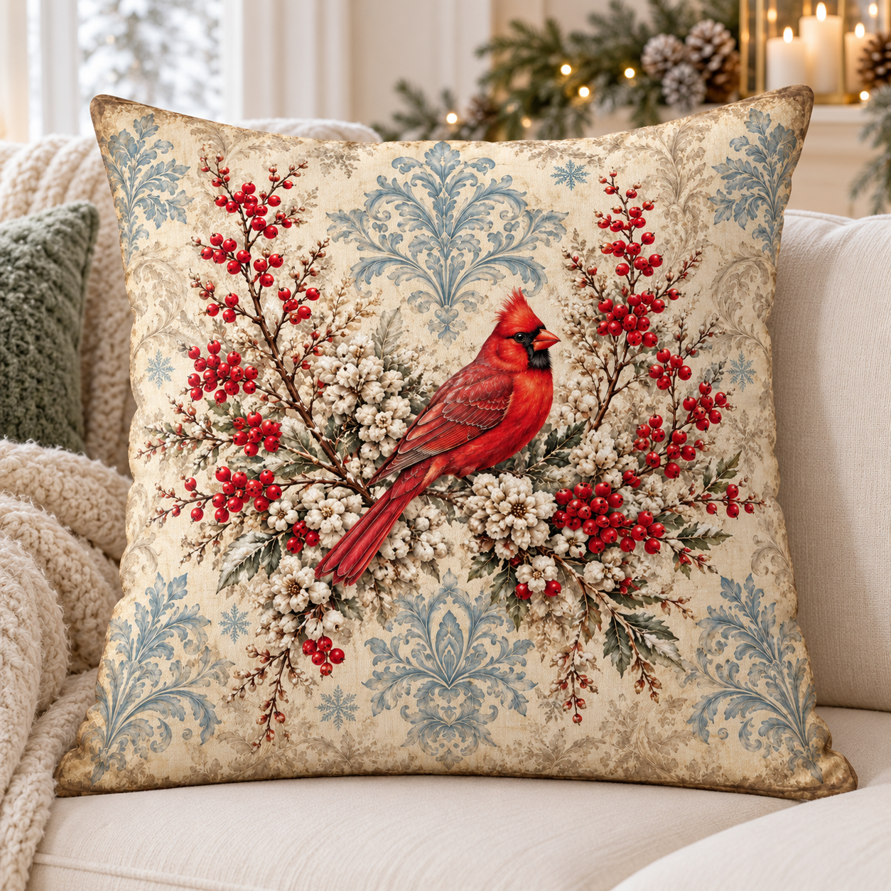 Kardinal Kuşlu Kırlent Paneli – 2 Adet 45×45 cm Dikime Hazır Yılbaşı Paneli
