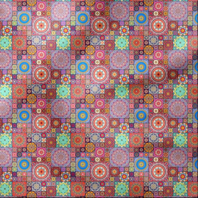 Kareli Geometrik Mandala Desenli Dijital Baskılı Kumaş