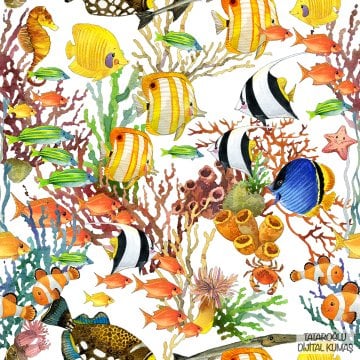 Renkli Balık Desenli Deniz Temalı Kumaş