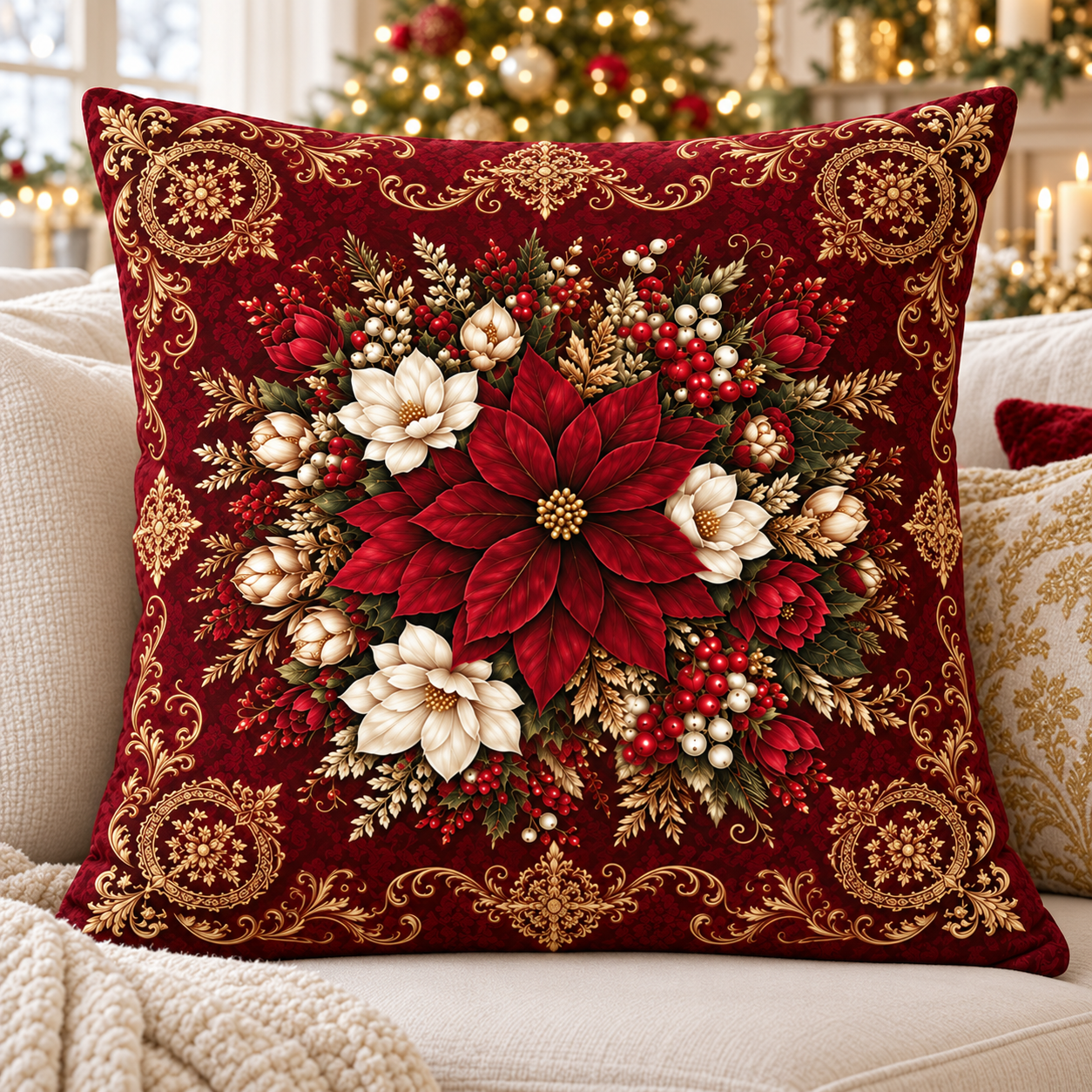 Bordo Yılbaşı Kırlent Paneli – 2 Adet 45×45 cm Atatürk Çiçekli Panel