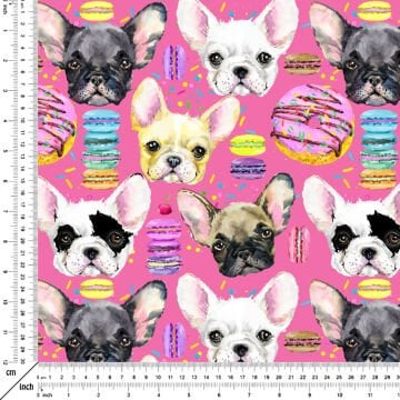 Pembe Zeminli Üzerine French Bulldog Desenli Kumaş