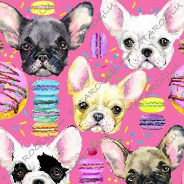 Pembe Zeminli Üzerine French Bulldog Desenli Kumaş
