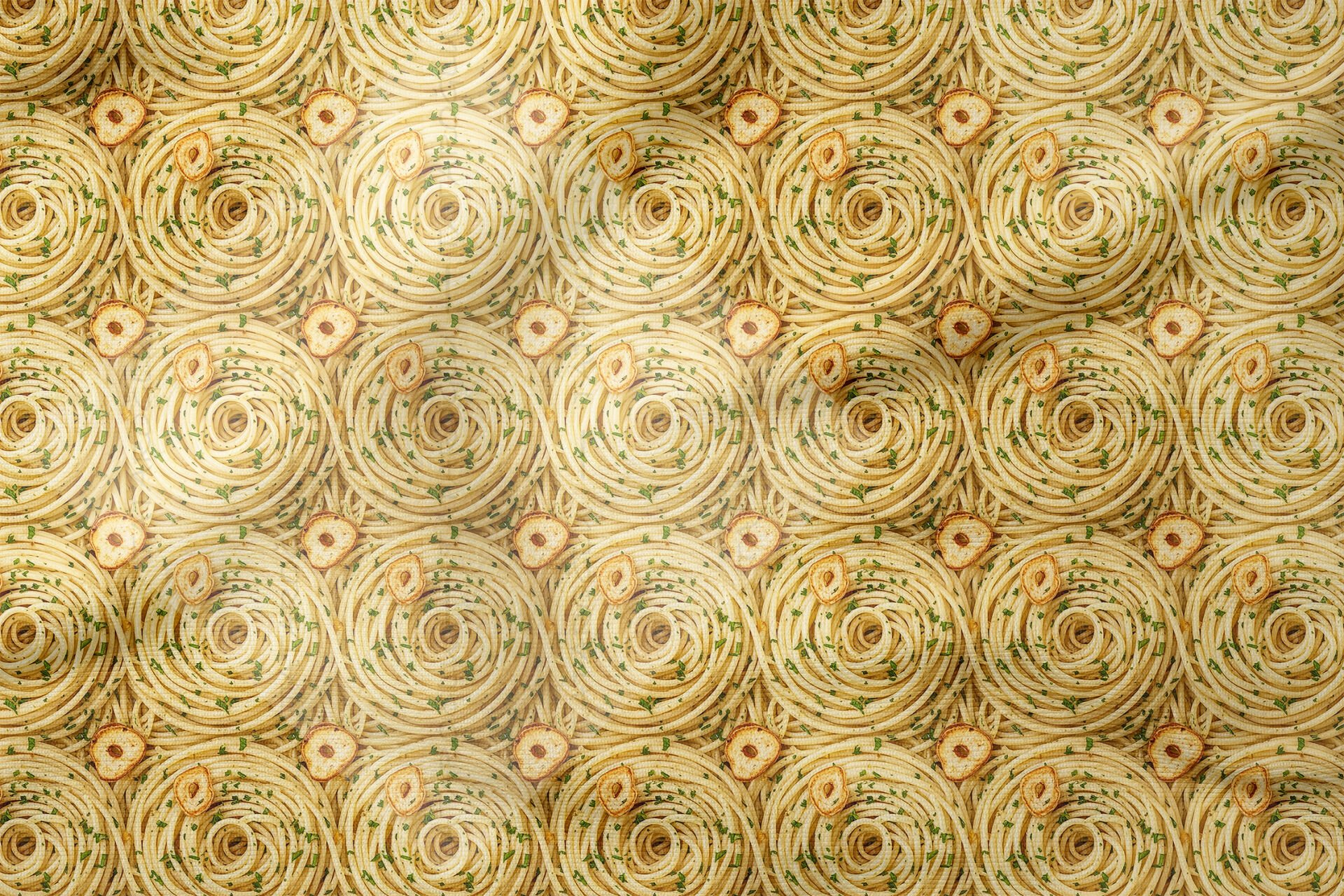 Sarımsaklı Spagetti Desenli Dekoratif Mutfak Kumaşı