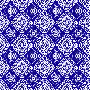 Saks Mavi Zemine Beyaz Dantelli Geometrik Desenli Kumaş
