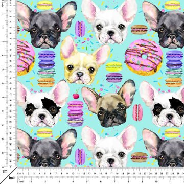 Turkuaz Zemin Üzerine French Bulldog Desenli Kumaş