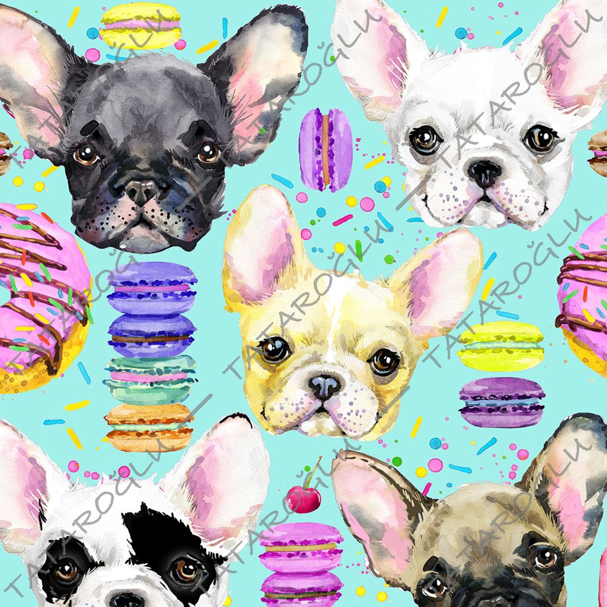 Turkuaz Zemin Üzerine French Bulldog Desenli Kumaş