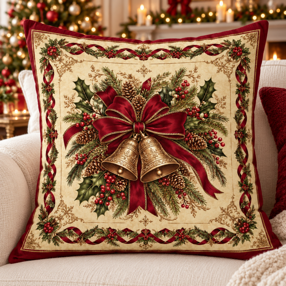 Çan Desenli Kırlent Paneli – Bordo Kurdeleli Yılbaşı Noel 2 Adet 45×45 cm