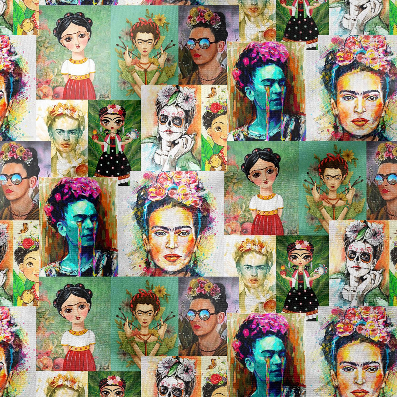 Bohem Kolaj Desenli Kumaş – Renkli Sanat Temalı Dijital Baskılı Dekoratif Kumaş