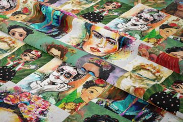 Bohem Kolaj Desenli Kumaş – Renkli Sanat Temalı Dijital Baskılı Dekoratif Kumaş