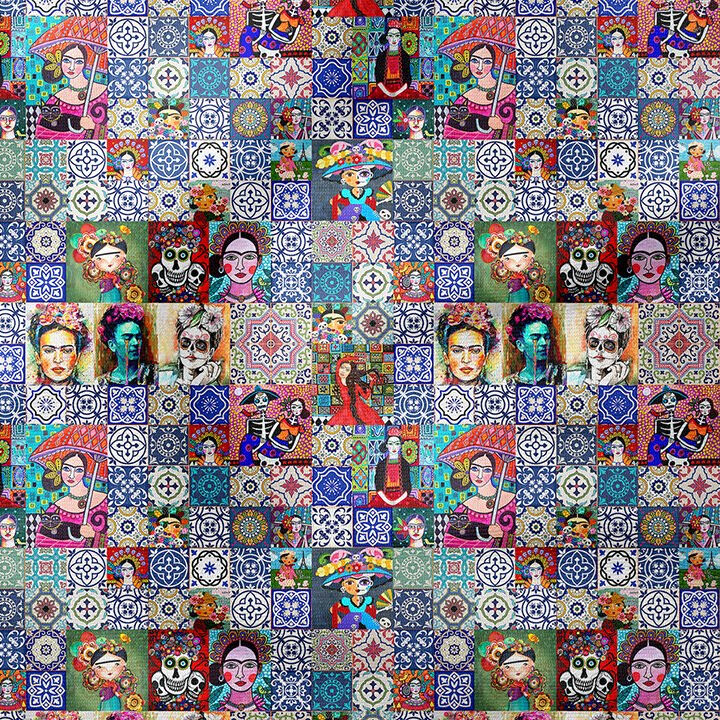 Meksika Mozaik Kolaj Desenli Kumaş – Folk Art Dijital Baskılı Dekoratif Kumaş