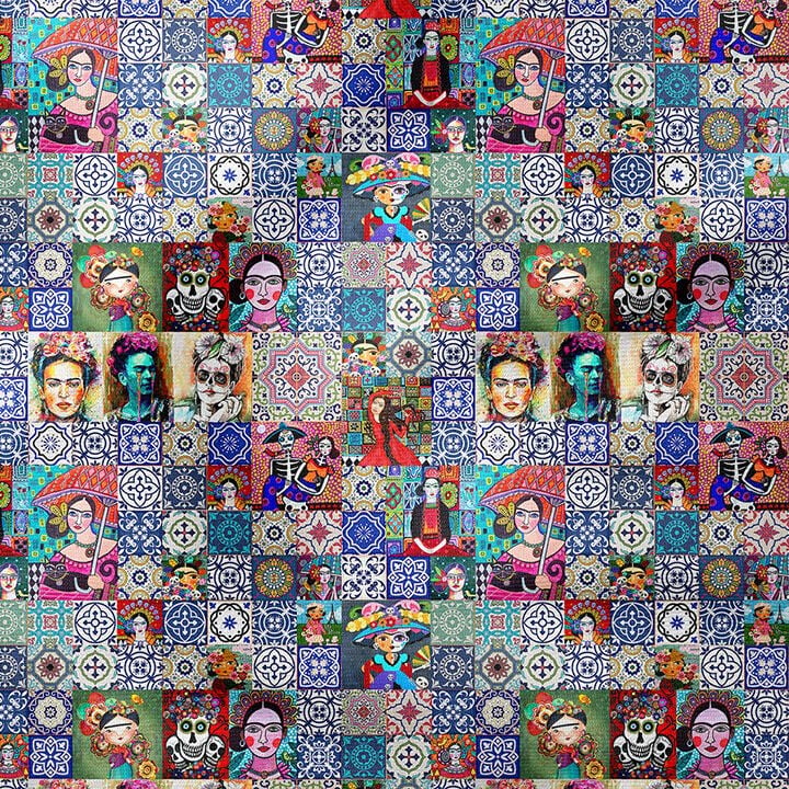 Meksika Mozaik Kolaj Desenli Kumaş – Folk Art Dijital Baskılı Dekoratif Kumaş