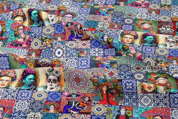 Meksika Mozaik Kolaj Desenli Kumaş – Folk Art Dijital Baskılı Dekoratif Kumaş
