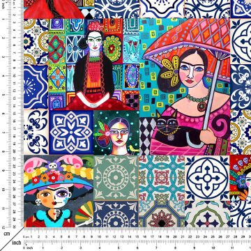 Çini Zeminli Frida Kahlo Desenli Dijital Baskılı Kumaş