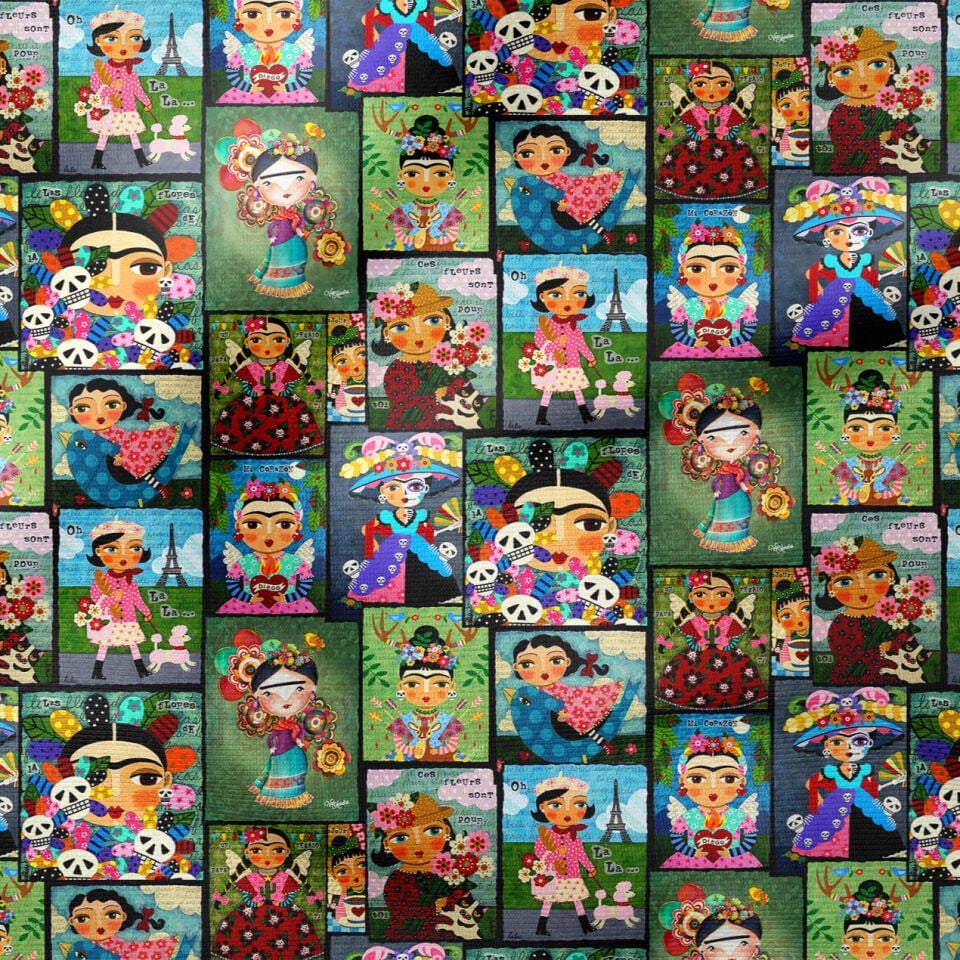 Renkli Folk Art Kolaj Desenli Kumaş – Bohem Dijital Baskılı Dekoratif Kumaş
