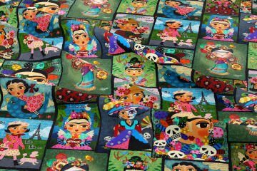 Renkli Folk Art Kolaj Desenli Kumaş – Bohem Dijital Baskılı Dekoratif Kumaş