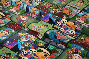 Renkli Folk Art Kolaj Desenli Kumaş – Bohem Dijital Baskılı Dekoratif Kumaş