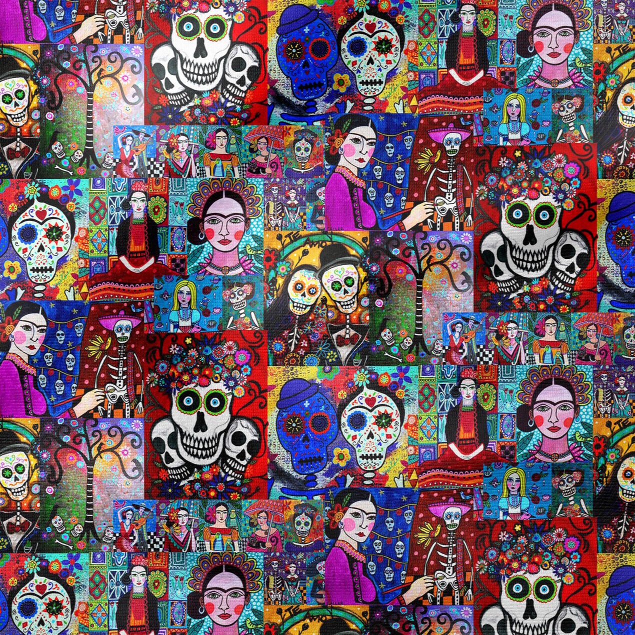 Renkli Folk Art Mozaik Desenli Kumaş – Dijital Baskılı Bohem Dekoratif Kumaş