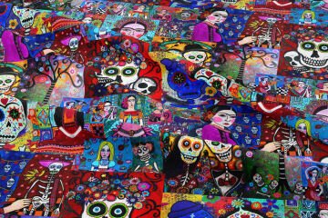 Renkli Folk Art Mozaik Desenli Kumaş – Dijital Baskılı Bohem Dekoratif Kumaş