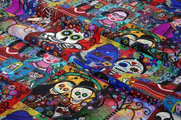 Renkli Folk Art Mozaik Desenli Kumaş – Dijital Baskılı Bohem Dekoratif Kumaş