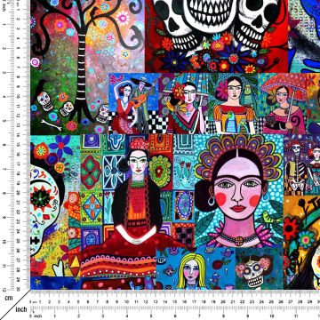 Kurukafalı Frida Kahlo Desenli Dijital Baskılı Kumaş