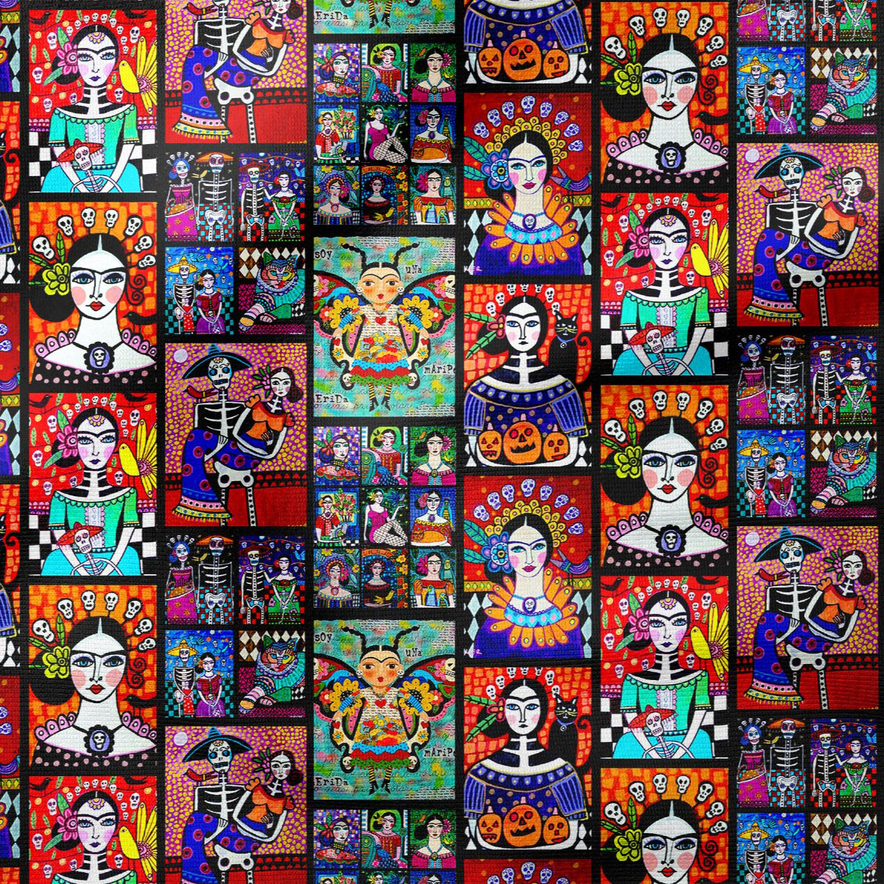 Renkli Folk Art Karakter Desenli Kumaş – Dijital Baskılı Bohem Dekoratif Kumaş