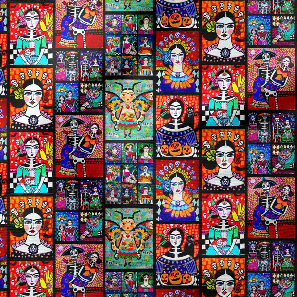 Renkli Folk Art Karakter Desenli Kumaş – Dijital Baskılı Bohem Dekoratif Kumaş