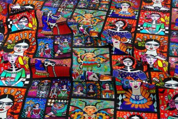 Renkli Folk Art Karakter Desenli Kumaş – Dijital Baskılı Bohem Dekoratif Kumaş