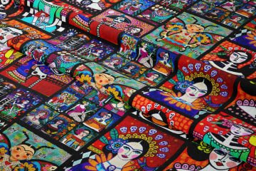 Renkli Folk Art Karakter Desenli Kumaş – Dijital Baskılı Bohem Dekoratif Kumaş
