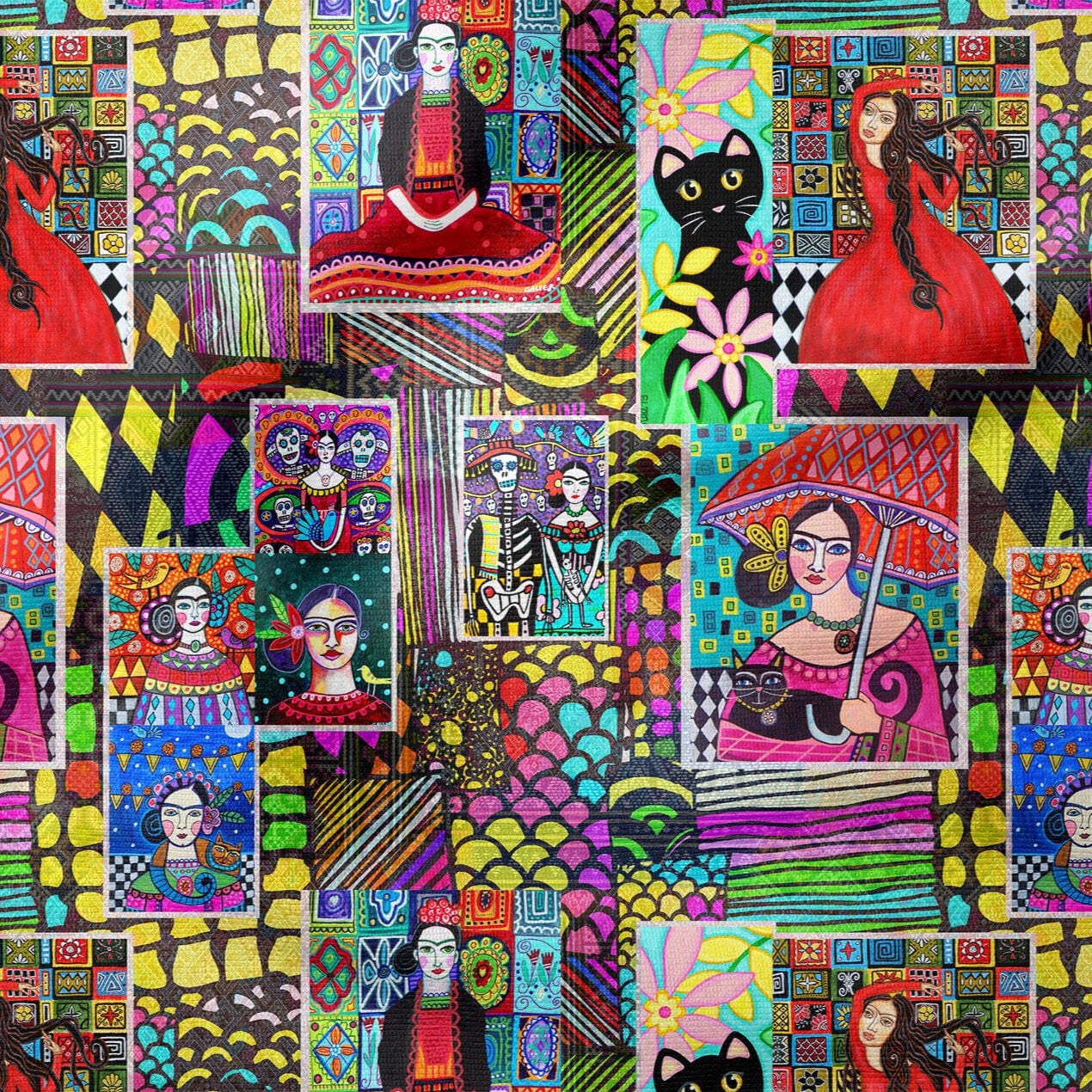 Renkli Folk Art Kolaj Kumaş – Dijital Baskılı Bohem Dekoratif Kumaş
