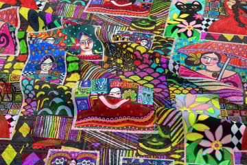 Renkli Geometrik Zeminli Frida Kahlo Desenli Kumaş