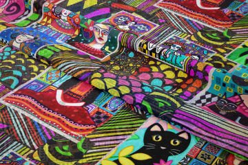 Renkli Folk Art Kolaj Kumaş – Dijital Baskılı Bohem Dekoratif Kumaş