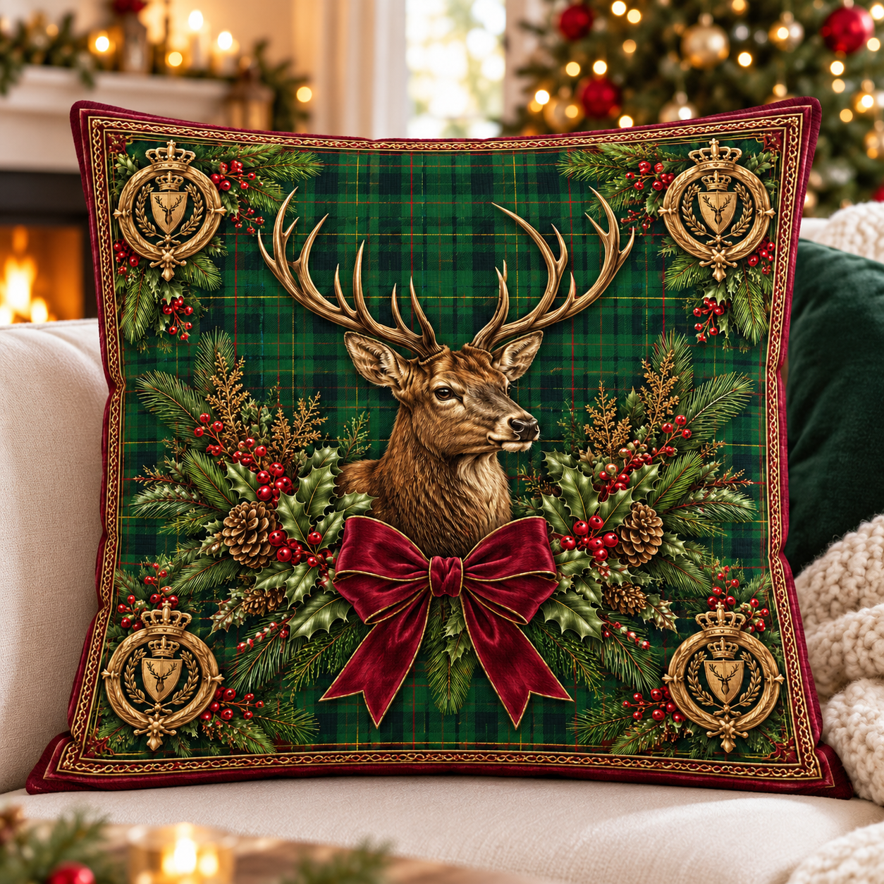 Ekose Geyik Kırlent Paneli – Yeşil Tartan Yılbaşı Desenli 2 Adet 45×45 cm