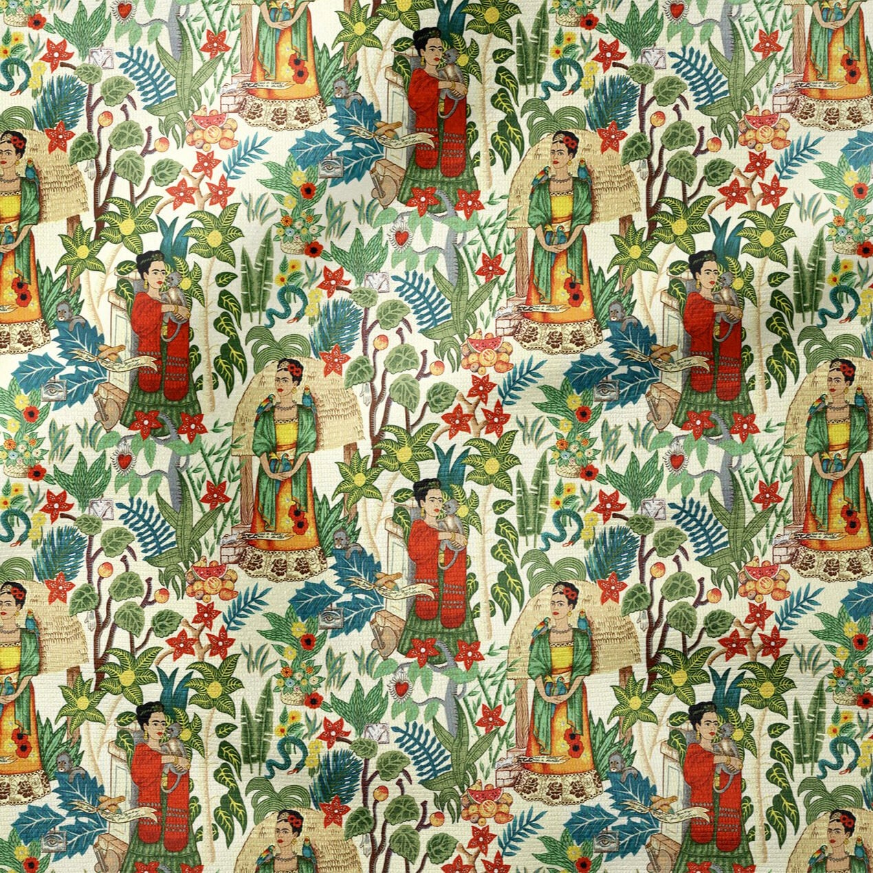 Botanik Folk Art Desenli Kumaş – Dijital Baskılı Dekoratif Bohem Kumaş